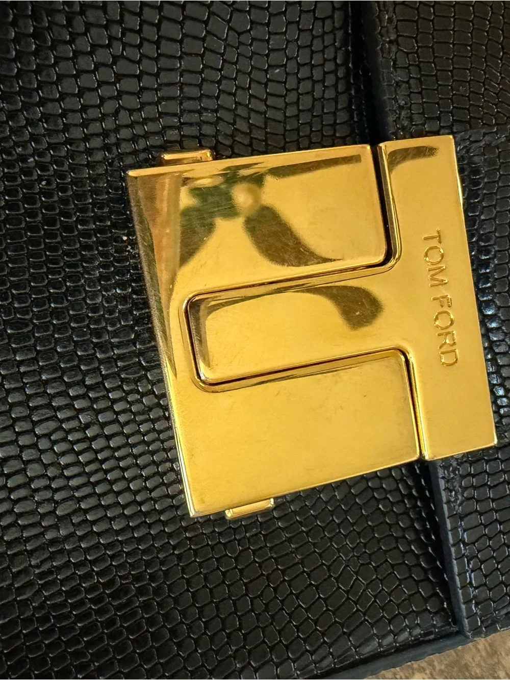 Tom Ford Black Textured Leather Phone Pouch with Gold Chain Strap